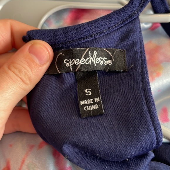 Navy blue romper with peach pin stripes - Picture 3 of 3